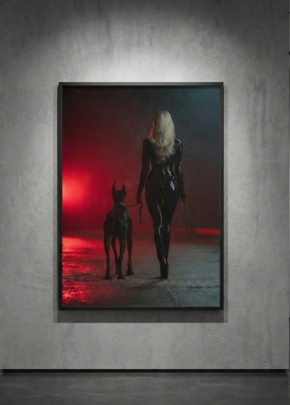 Gece Estetiği Sinematik Doberman ve Figüratif Çerçeveli Duvar Tablosu