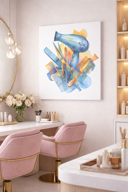 Kuaför ve Güzellik Merkezi Dekoratif Kanvas Tablo - Sulu Boya Tasarım Ekipmanlar