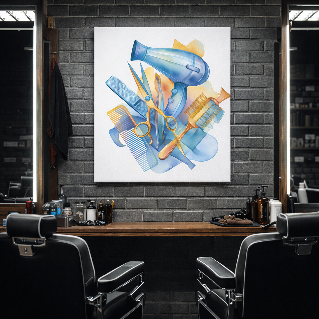 Kuaför ve Güzellik Merkezi Dekoratif Kanvas Tablo - Sulu Boya Tasarım Ekipmanlar