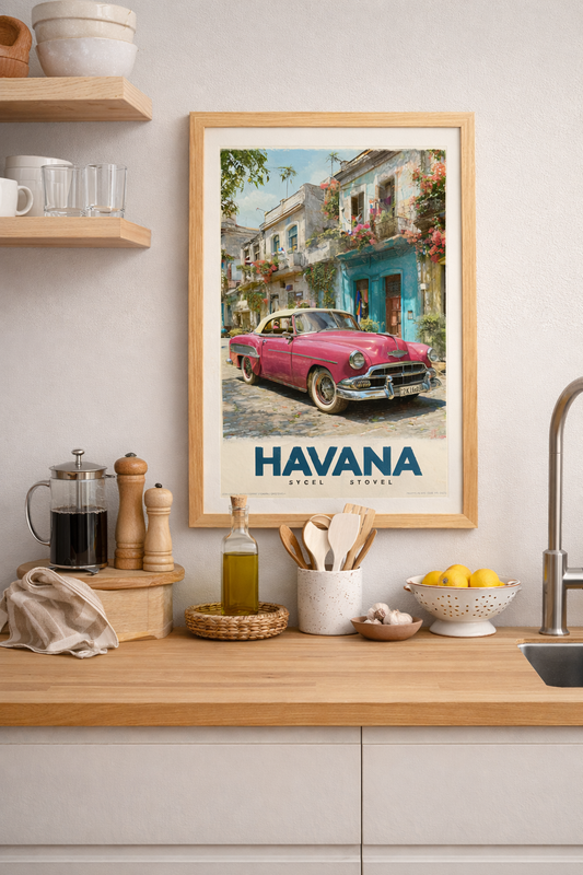 Havana Küba Vintage Travel Poster - Retro Klasik Araba Çerçeveli Tablo