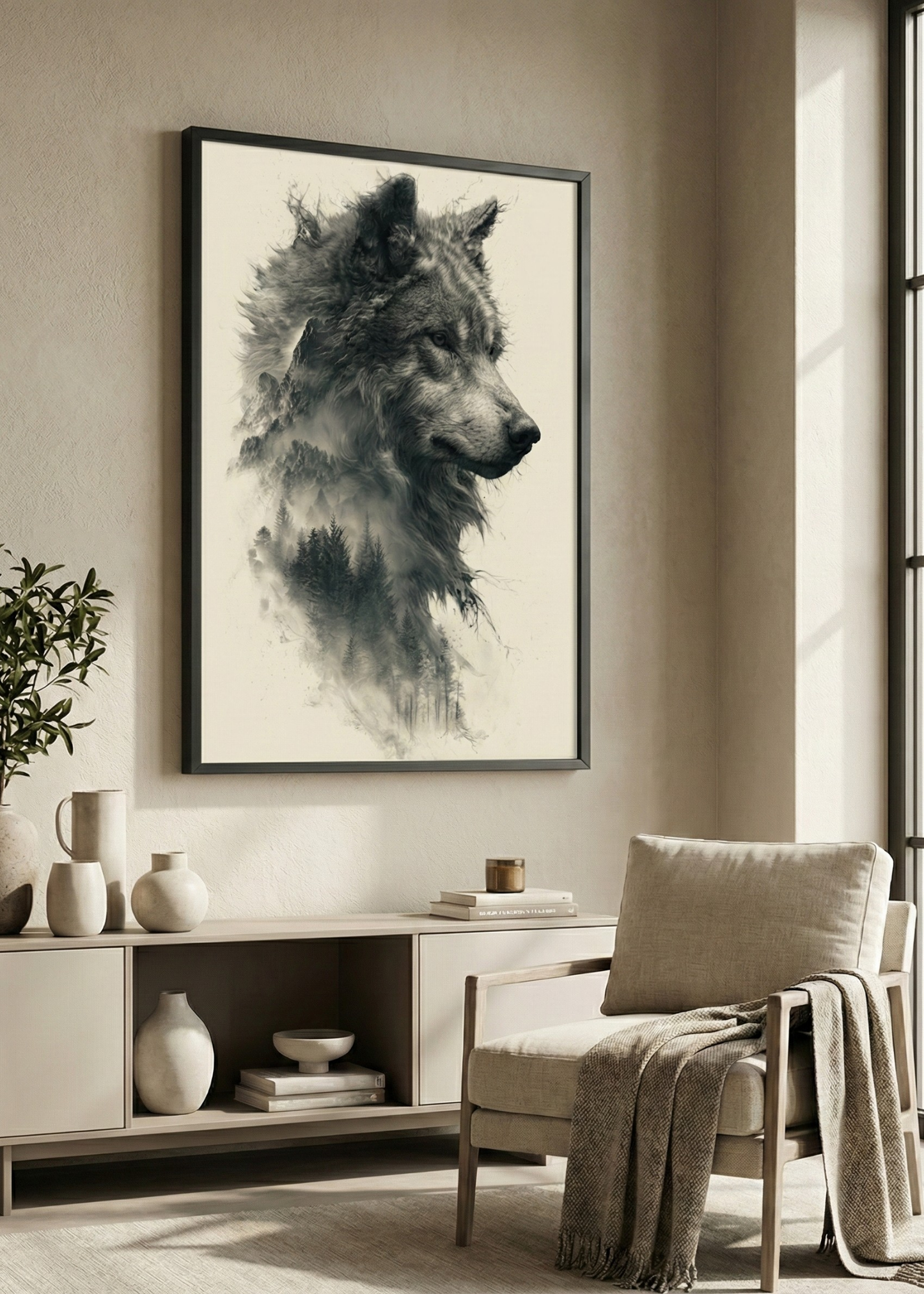 Kurt Figürlü Çerçeveli Tablo Modern Minimal Doğa Temalı Duvar Dekoru