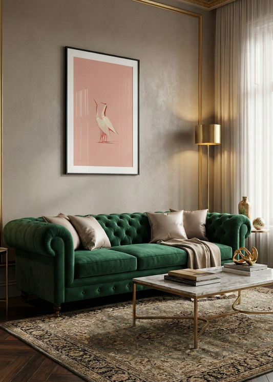 Pudra Pembe Geometrik Turna Kuşu İllüstrasyon Çerçeveli Duvar Tablosu