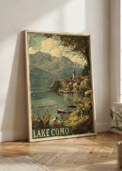 Lake Como Italy Vintage Tasarım Doğal Ahşap Çerçeveli Tablo