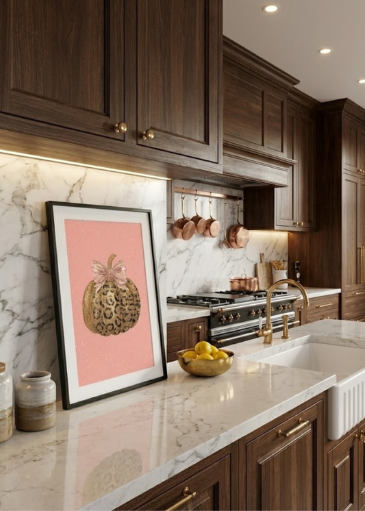 Leopar Desenli Pembe Kabak Fiyonklu Çerçeveli Tablo - Modern Mutfak ve Salon Dekoru