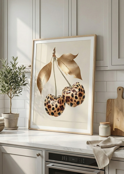 Lüks Leopar Kiraz Tasarım Doğal Ahşap Çerçeveli Tablo - Şık Duvar Sanatı