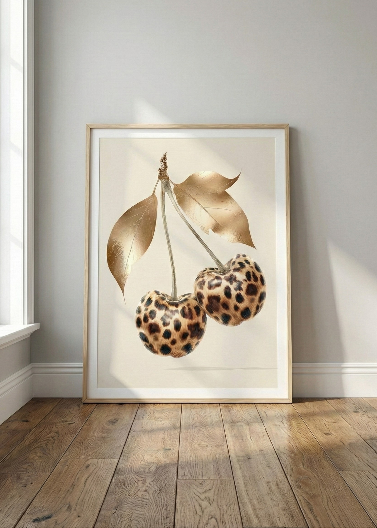 Lüks Leopar Kiraz Tasarım Doğal Ahşap Çerçeveli Tablo - Şık Duvar Sanatı