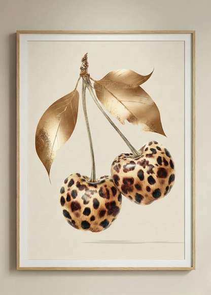 Lüks Leopar Kiraz Tasarım Doğal Ahşap Çerçeveli Tablo - Şık Duvar Sanatı