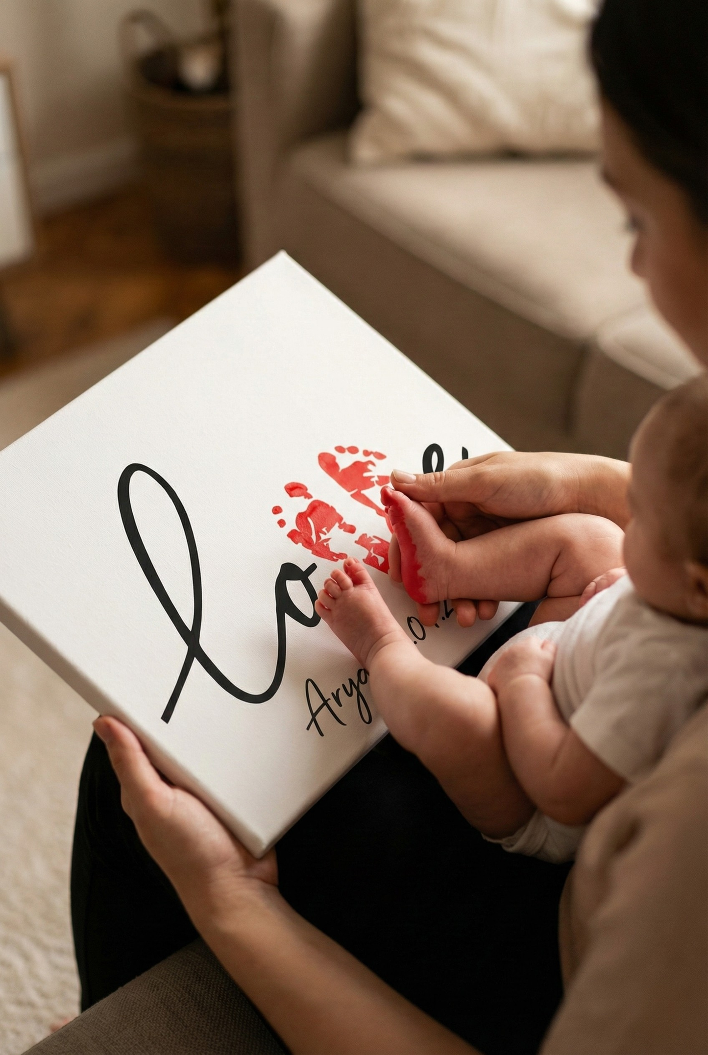 Kişiye Özel Bebek Ayak İzi Kanvas Tablo Seti - Kırmızı Boya Dahil - "Love" Tasarımlı Hatıra Kiti