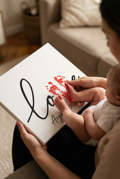 Kişiye Özel Bebek Ayak İzi Kanvas Tablo Seti - Kırmızı Boya Dahil - "Love" Tasarımlı Hatıra Kiti