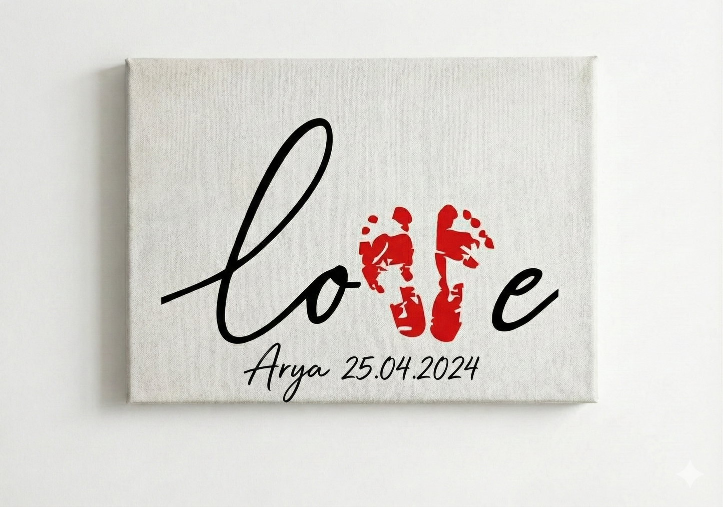 Kişiye Özel Bebek Ayak İzi Kanvas Tablo Seti - Kırmızı Boya Dahil - "Love" Tasarımlı Hatıra Kiti