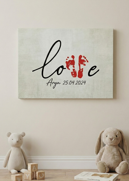 Kişiye Özel Bebek Ayak İzi Kanvas Tablo Seti - Kırmızı Boya Dahil - "Love" Tasarımlı Hatıra Kiti