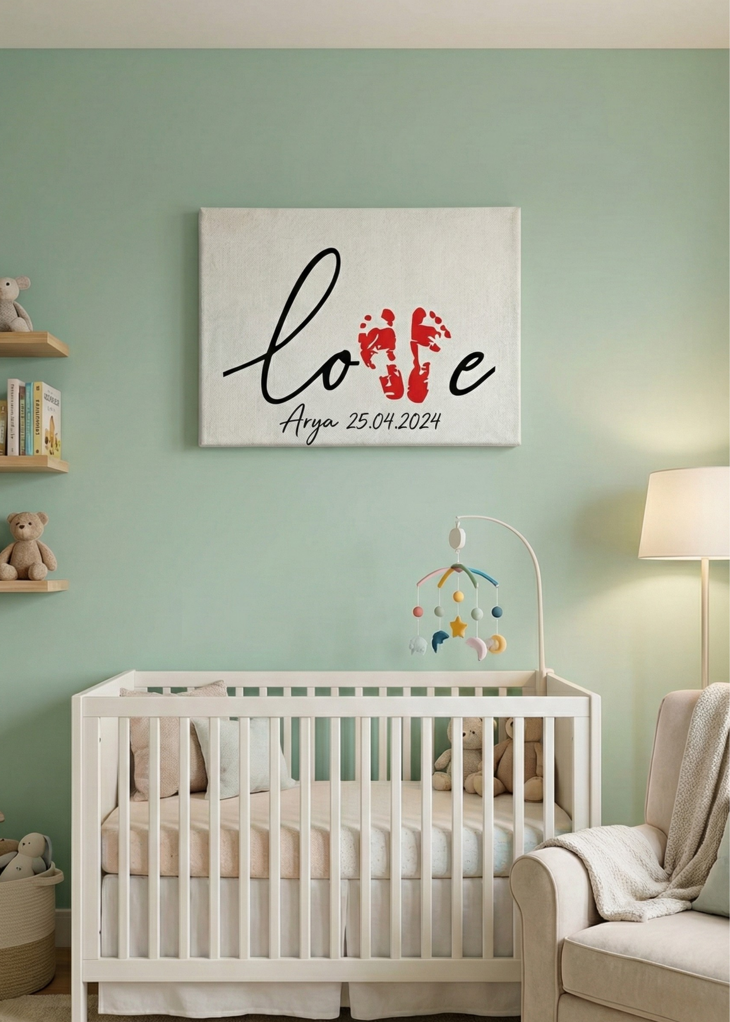 Kişiye Özel Bebek Ayak İzi Kanvas Tablo Seti - Kırmızı Boya Dahil - "Love" Tasarımlı Hatıra Kiti