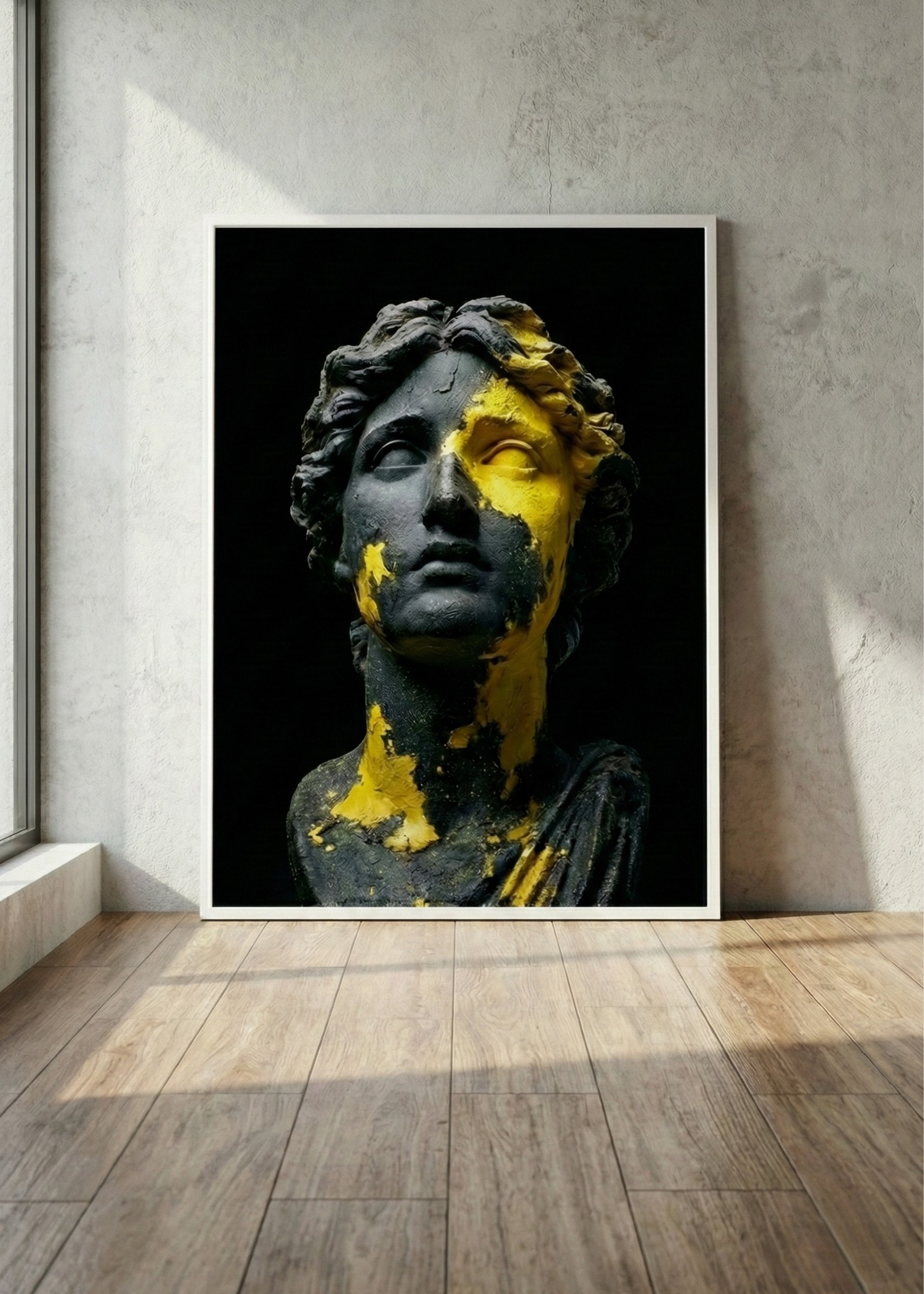 Modern Antik Büst Heykel Tasarım Beyaz Çerçeveli Tablo - Sarı Siyah Sanat