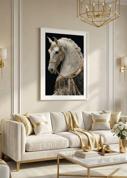 Gold Renkli Beyaz At  Siyah Desen Tasarım Çerçeveli Tablo - Lüks Ofis ve Salon Dekoru