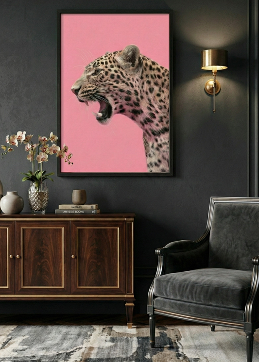 Modern Pembe Estetik Vahşi Doğa Leopar Tablosu - Şık Salon ve Ofis Dekoru
