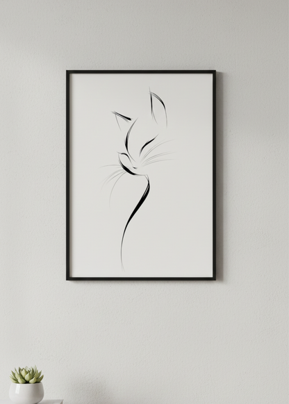 İskandinav Stil Tek Çizgi Kedi Figürlü Çerçeveli Tablo - Şık Mutfak ve Salon Dekoru