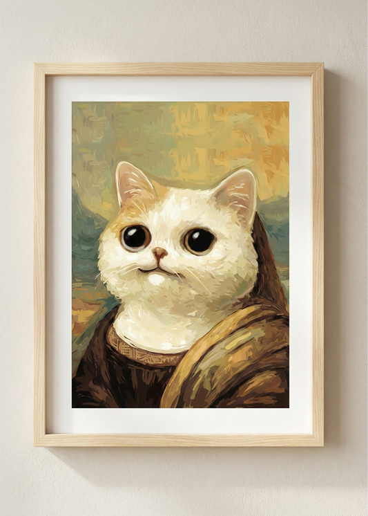 Komik Kedi Mona Lisa İllüstrasyon Çerçeveli Tablo - Modern Duvar Dekoru