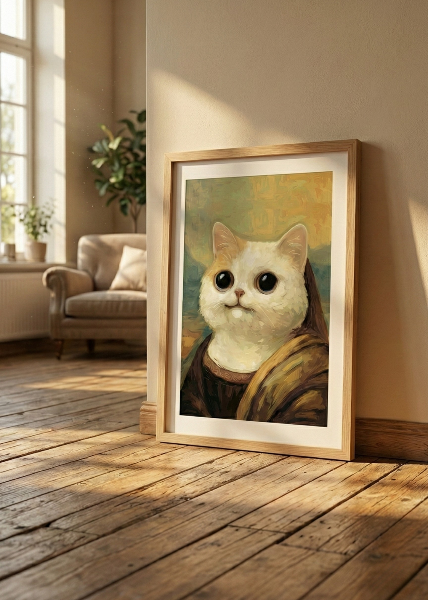 Komik Kedi Mona Lisa İllüstrasyon Çerçeveli Tablo - Modern Duvar Dekoru