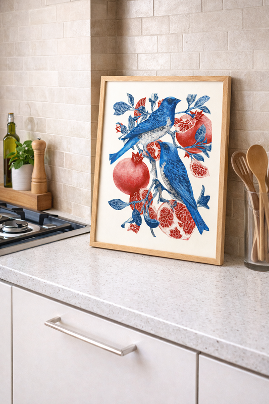 Mavi Kuş ve Bereket Narı İllüstrasyon Çerçeveli Tablo - Mutfak ve Salon Dekoru