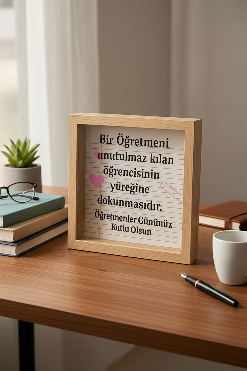 Öğretmenler Günü Hediyesi – Ahşap Çerçeveli Duygusal Pleksi Masa Dekoru | Öğretmenine Kalpten Teşekkür Hediye