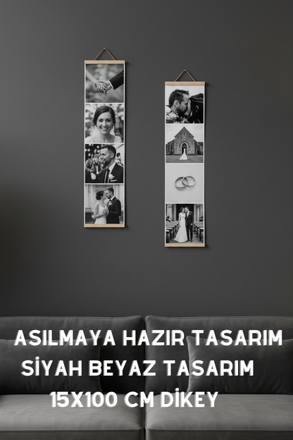 Kişiye Özel 4 Fotoğraflı Siyah Beyaz Poster | 15x100 cm Asılmaya Hazır Dikey Tasarım- Düğün Fotoğrafı