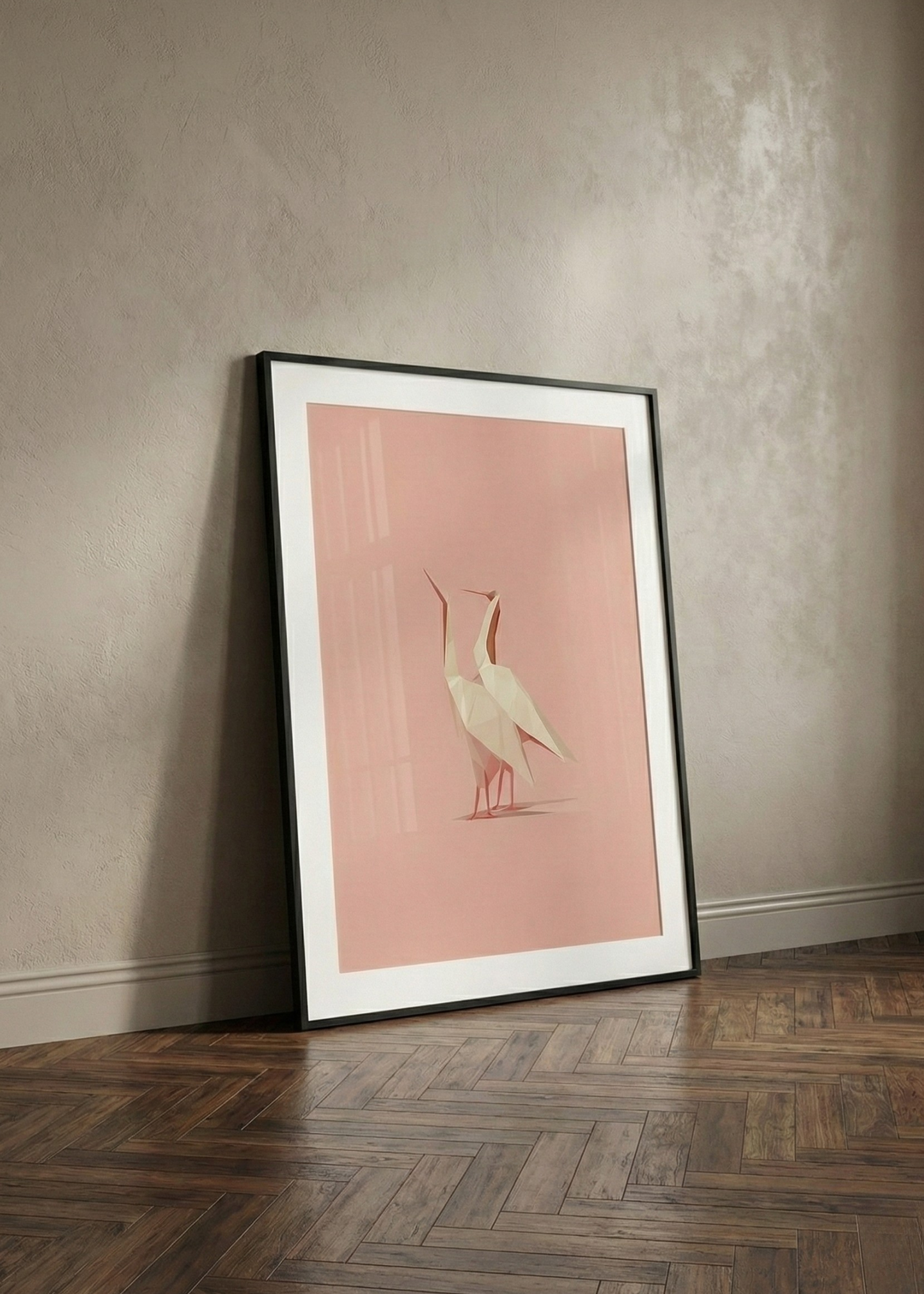 Pudra Pembe Geometrik Turna Kuşu İllüstrasyon Çerçeveli Duvar Tablosu