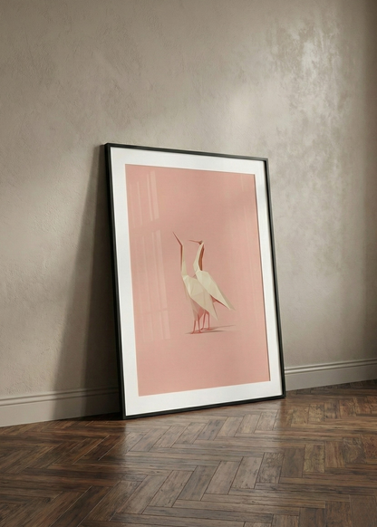 Pudra Pembe Geometrik Turna Kuşu İllüstrasyon Çerçeveli Duvar Tablosu