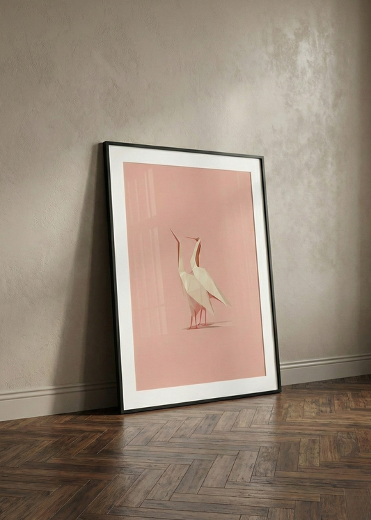 Pudra Pembe Geometrik Turna Kuşu İllüstrasyon Çerçeveli Duvar Tablosu