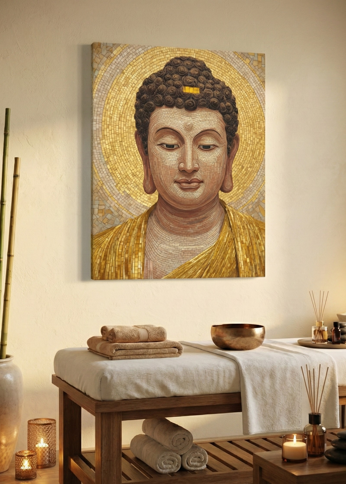 Buddha Altın Mozaik Kanvas Tablo | Zen Meditasyon Duvar Dekoru | Spa – Masaj – Yoga Odası Süslemesi