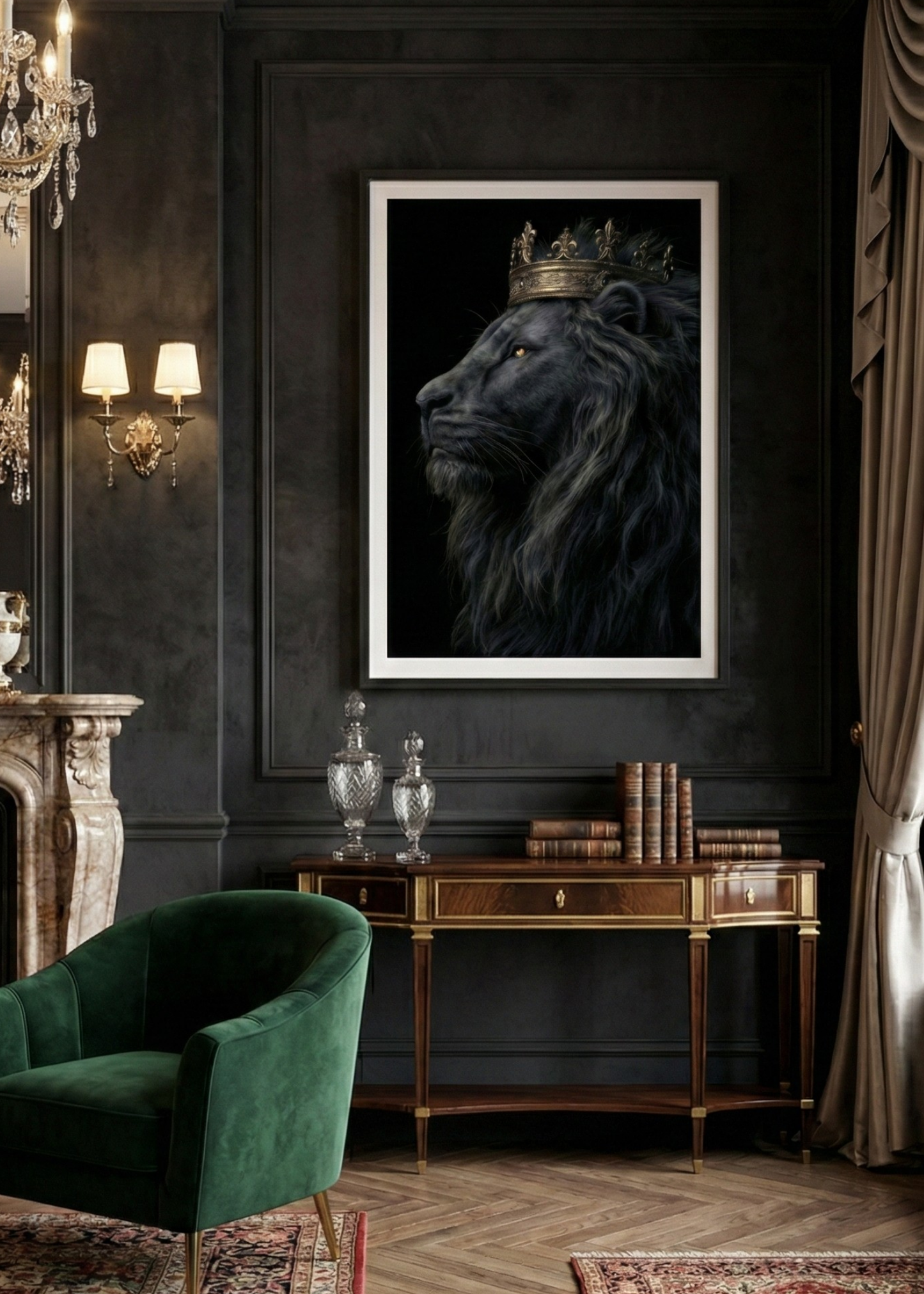 Siyah Aslan Kral Tasarım Siyah Çerçeveli Tablo - Lüks Ofis ve Salon Dekoru