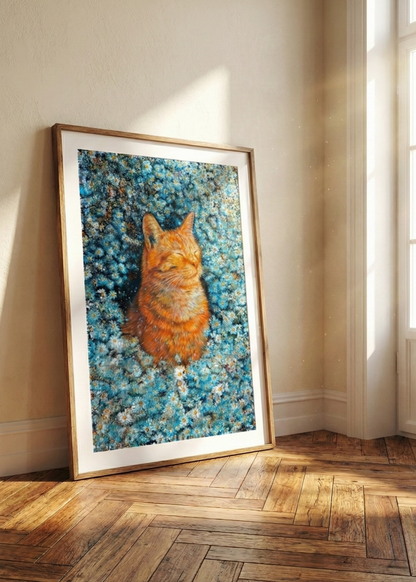 Van Gogh Tarzı Papatyalı Kedi İmpasto Sanat Tablosu -  Çerçeveli