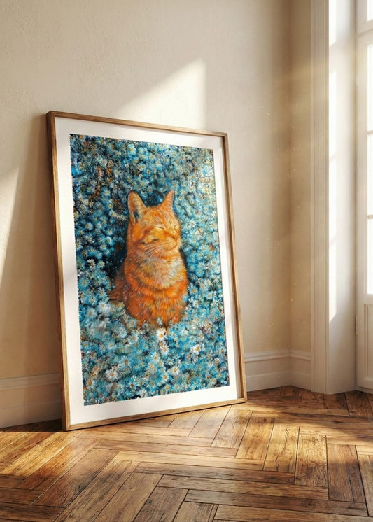 Van Gogh Tarzı Papatyalı Kedi İmpasto Sanat Tablosu -  Çerçeveli