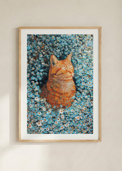 Van Gogh Tarzı Papatyalı Kedi İmpasto Sanat Tablosu -  Çerçeveli