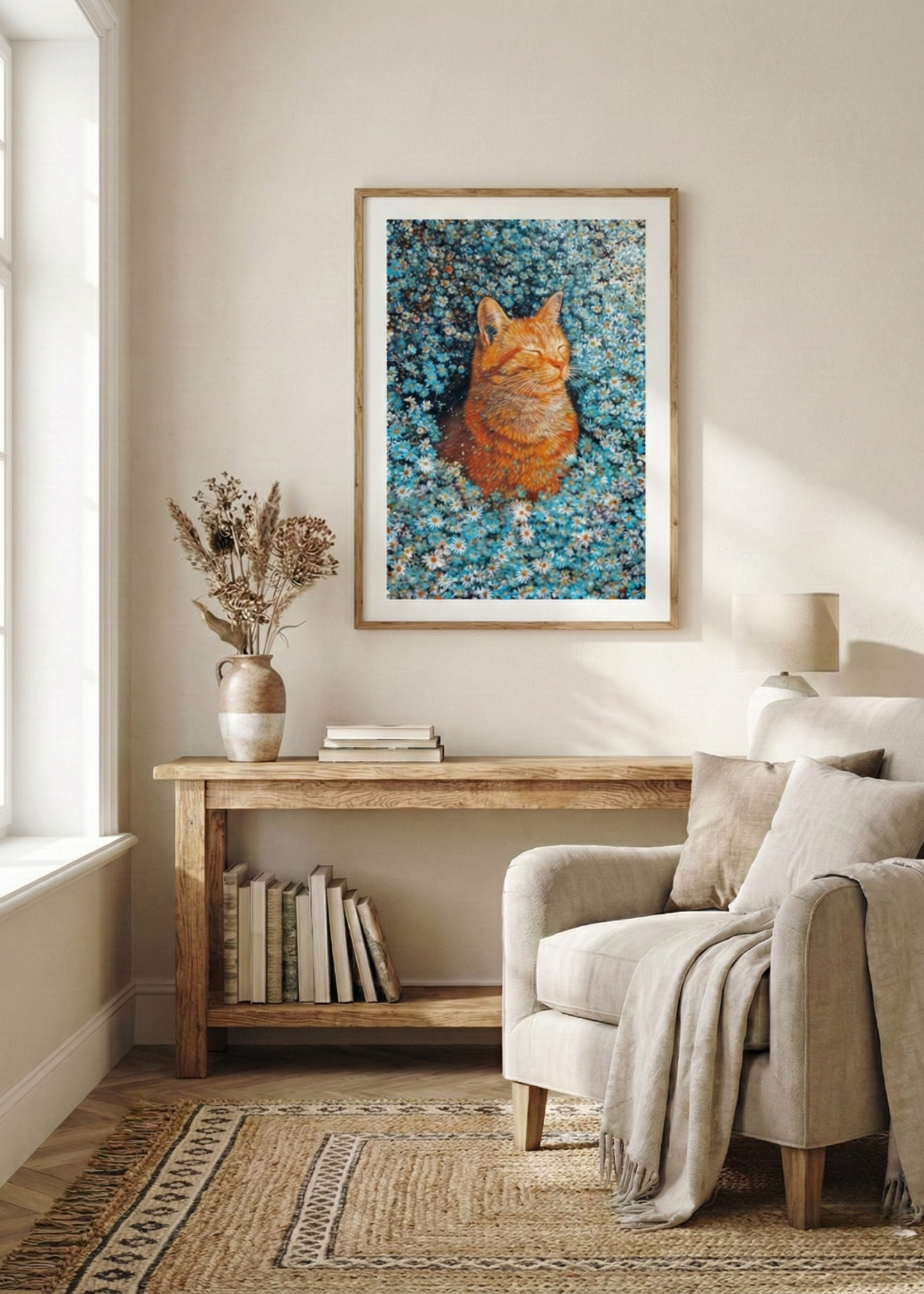 Van Gogh Tarzı Papatyalı Kedi İmpasto Sanat Tablosu -  Çerçeveli