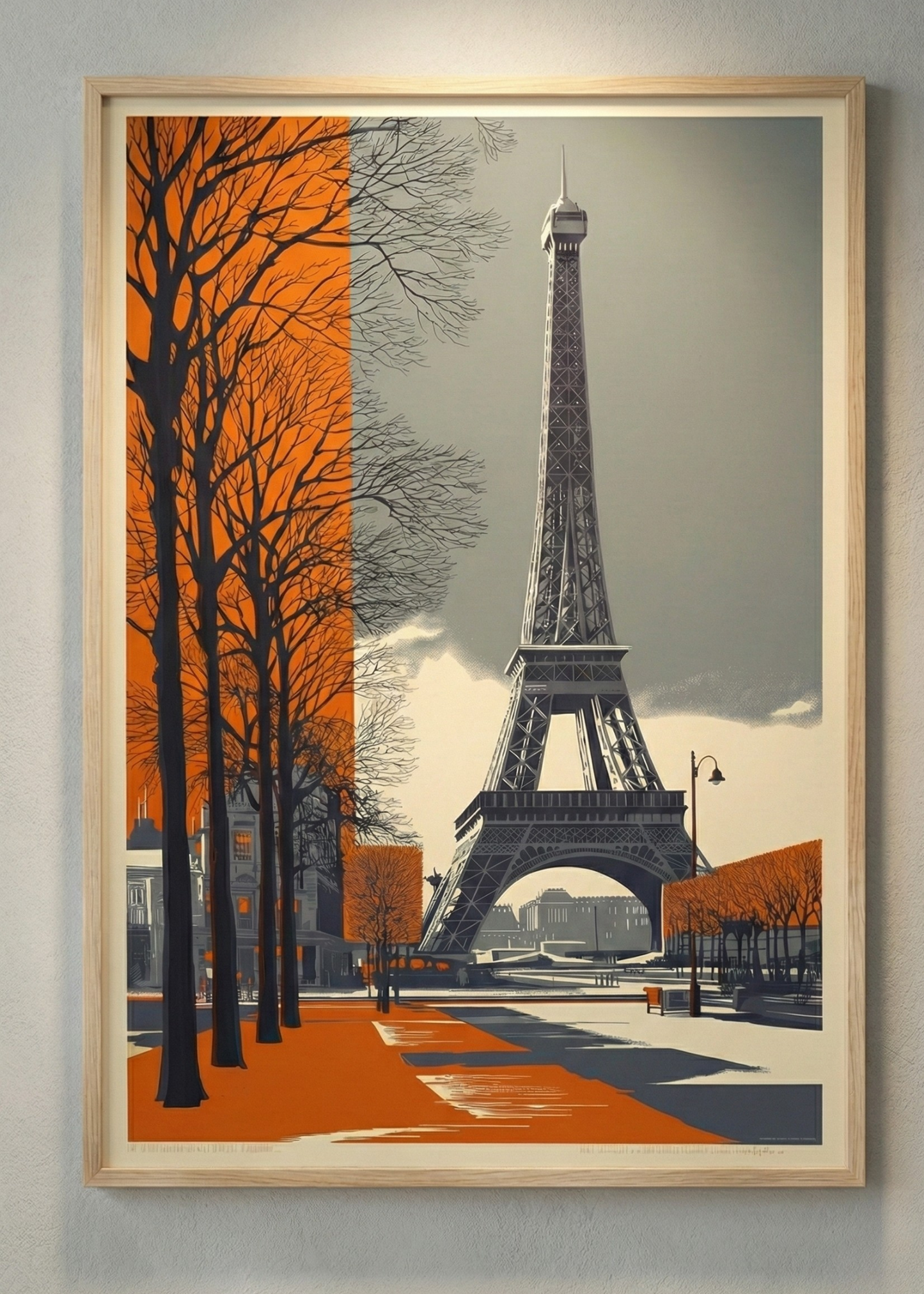 Paris Eyfel Kulesi Vintage Retro Çerçeveli Tablo - Turuncu Siyah Duvar Dekoru