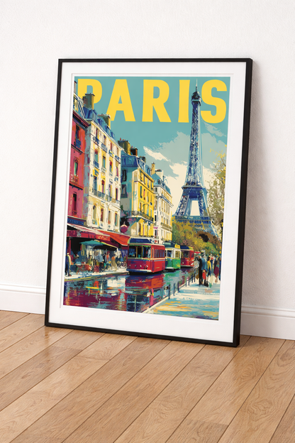 Vintage Paris Şehir Temalı Siyah Çerçeveli Tablo - Retro Eyfel Kulesi İllüstrasyon