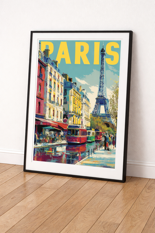 Vintage Paris Şehir Temalı Siyah Çerçeveli Tablo - Retro Eyfel Kulesi İllüstrasyon