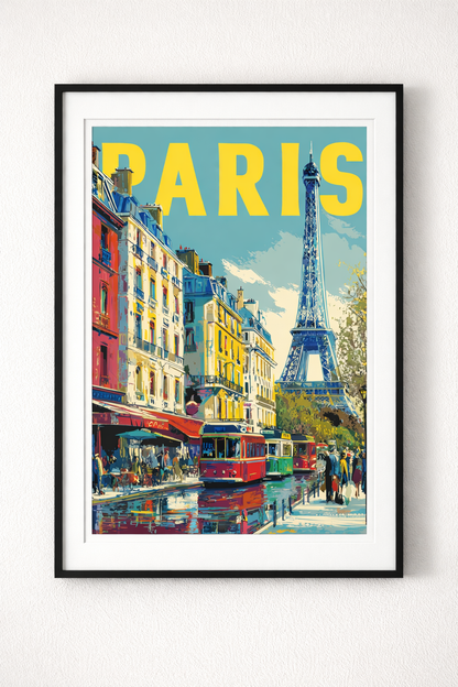 Vintage Paris Şehir Temalı Siyah Çerçeveli Tablo - Retro Eyfel Kulesi İllüstrasyon