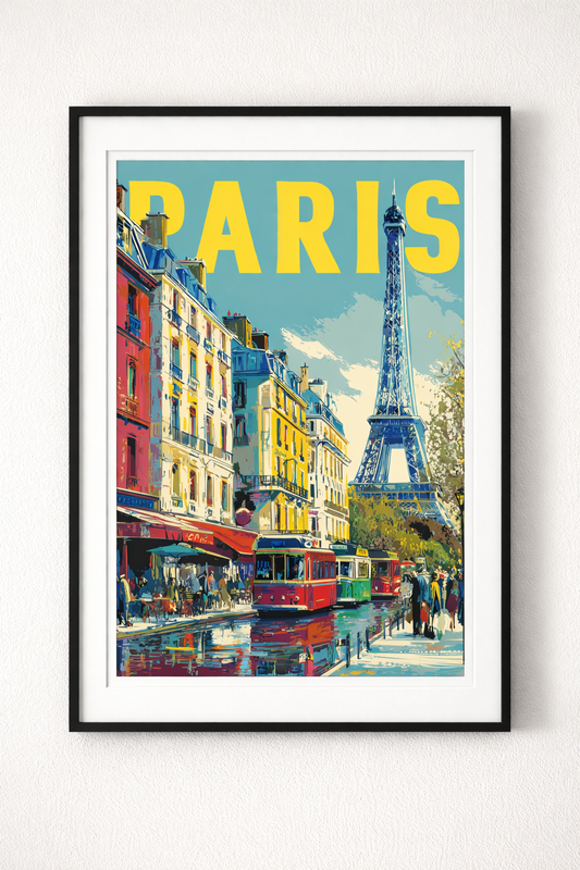 Vintage Paris Şehir Temalı Siyah Çerçeveli Tablo - Retro Eyfel Kulesi İllüstrasyon