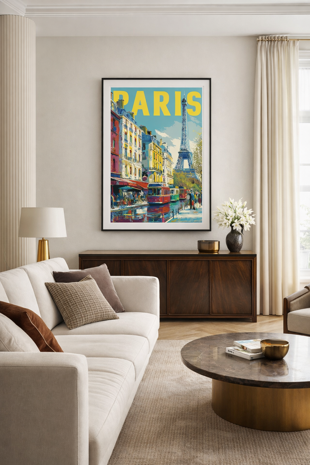 Vintage Paris Şehir Temalı Siyah Çerçeveli Tablo - Retro Eyfel Kulesi İllüstrasyon