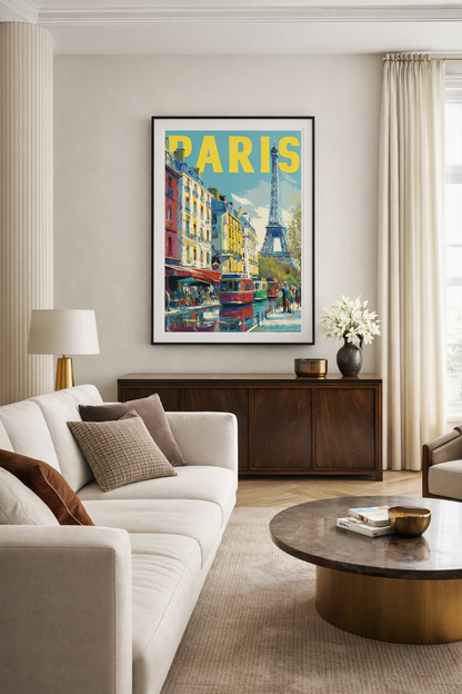 Vintage Paris Şehir Temalı Siyah Çerçeveli Tablo - Retro Eyfel Kulesi İllüstrasyon