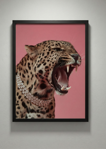 Pembe Leopar Pırlanta Kolyeli Çerçeveli Tablo - Modern Pop Art Duvar Dekoru