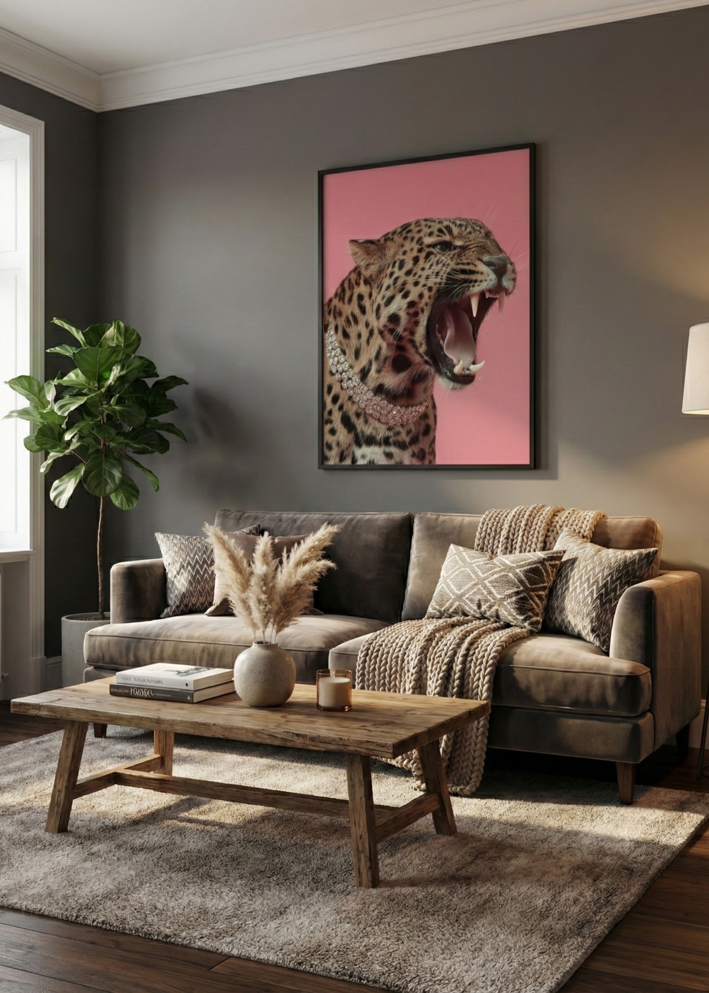 Pembe Leopar Pırlanta Kolyeli Çerçeveli Tablo - Modern Pop Art Duvar Dekoru