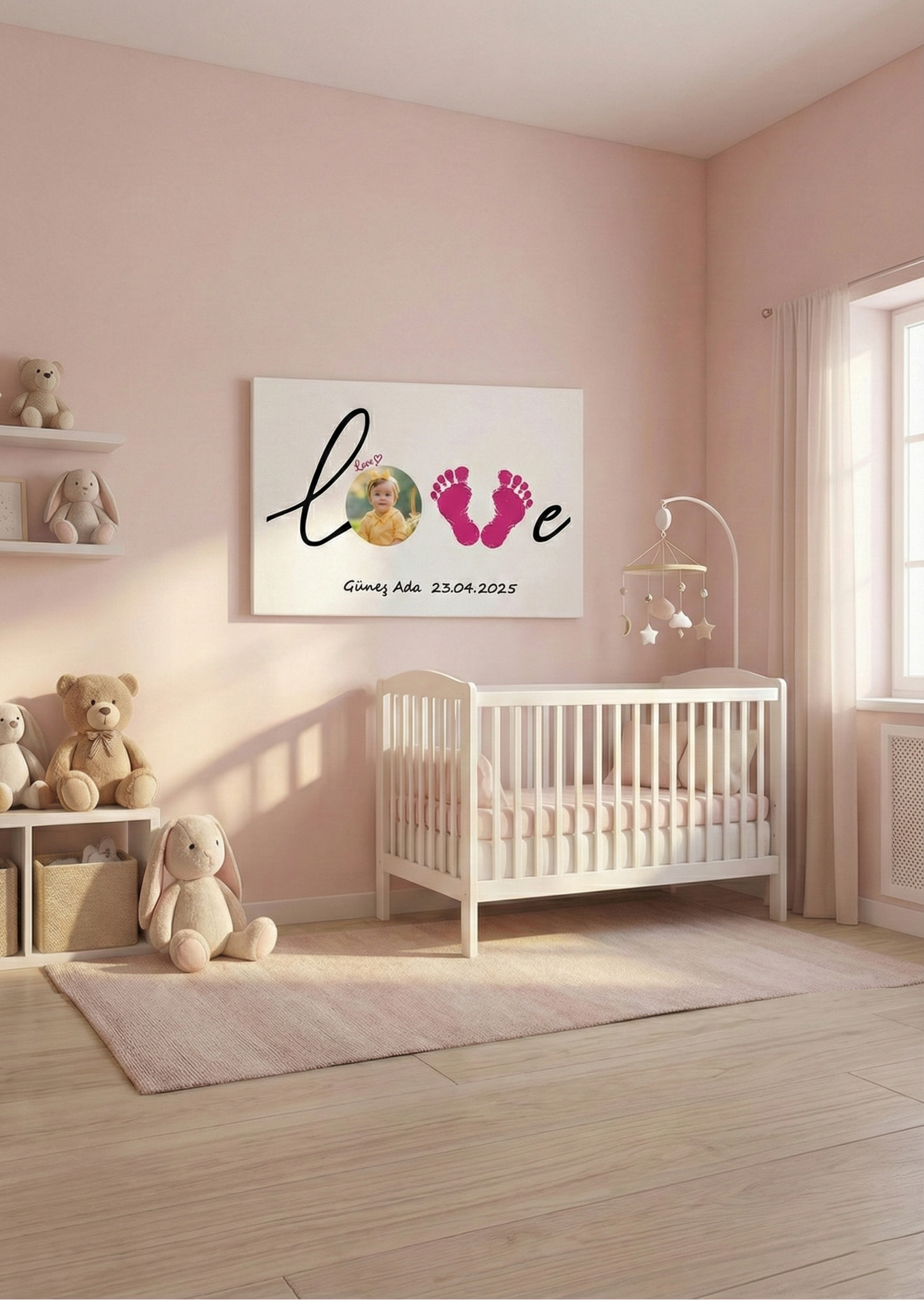 Kişiye Özel Bebek Ayak İzi ve Fotoğraflı Love Kanvas Tablo – İsimli Doğum Hatırası Bebek Odası Duvar Dekoru