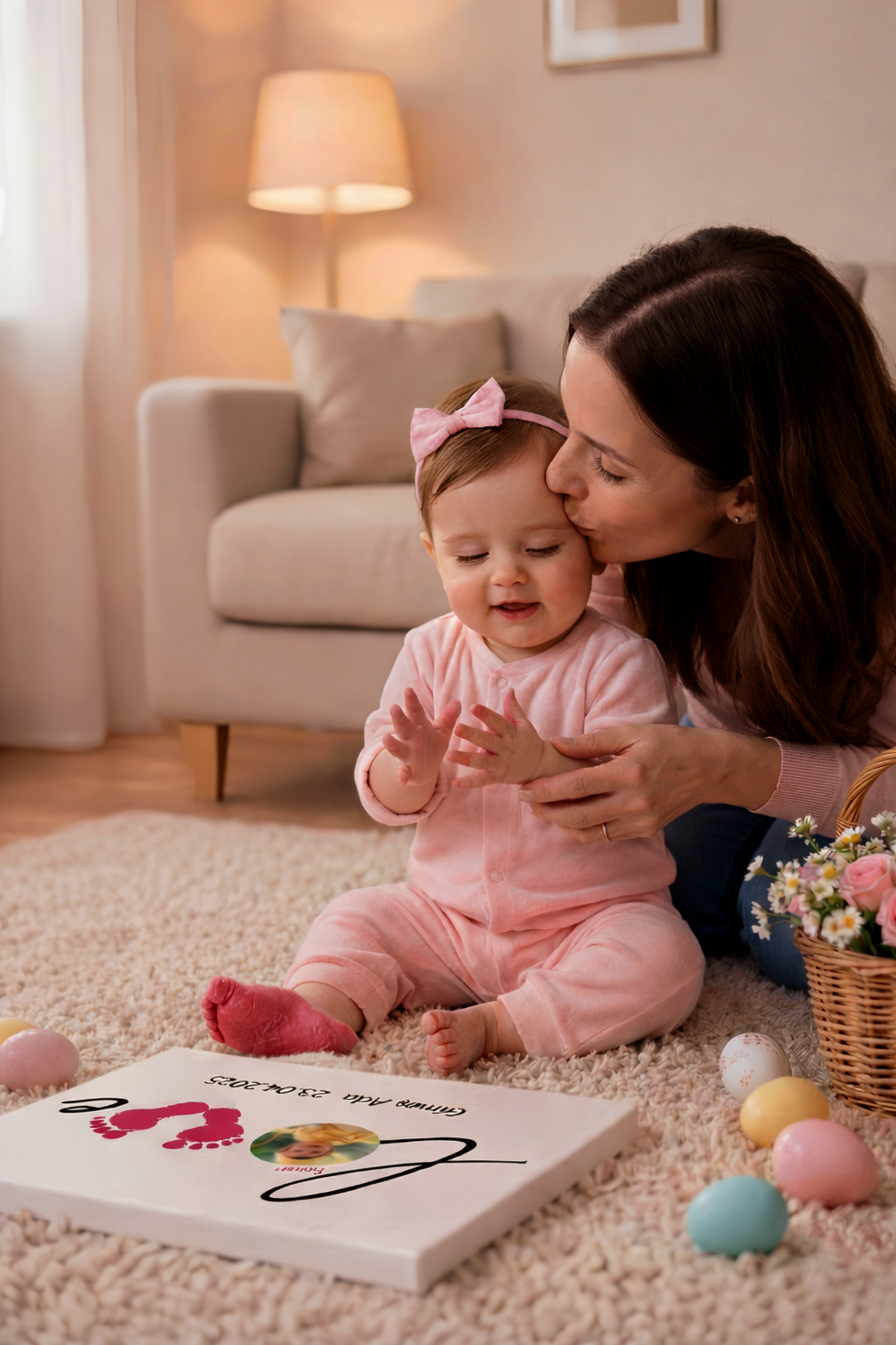 Kişiye Özel Bebek Ayak İzi ve Fotoğraflı Love Kanvas Tablo – İsimli Doğum Hatırası Bebek Odası Duvar Dekoru