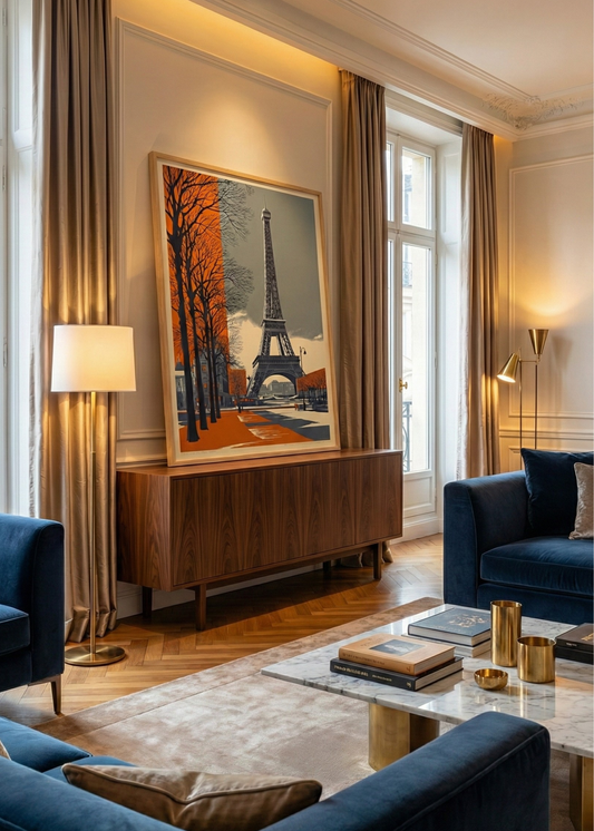 Paris Eyfel Kulesi Vintage Retro Çerçeveli Tablo - Turuncu Siyah Duvar Dekoru