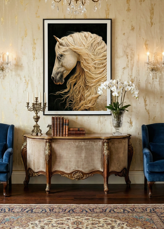 Altın Yeleli At Tasarım Siyah Çerçeveli Tablo - Lüks Duvar Dekoru