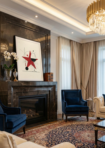 Geometrik Soyut Tasarım Siyah Çerçeveli Tablo - Kırmızı Yıldız ve Şarap