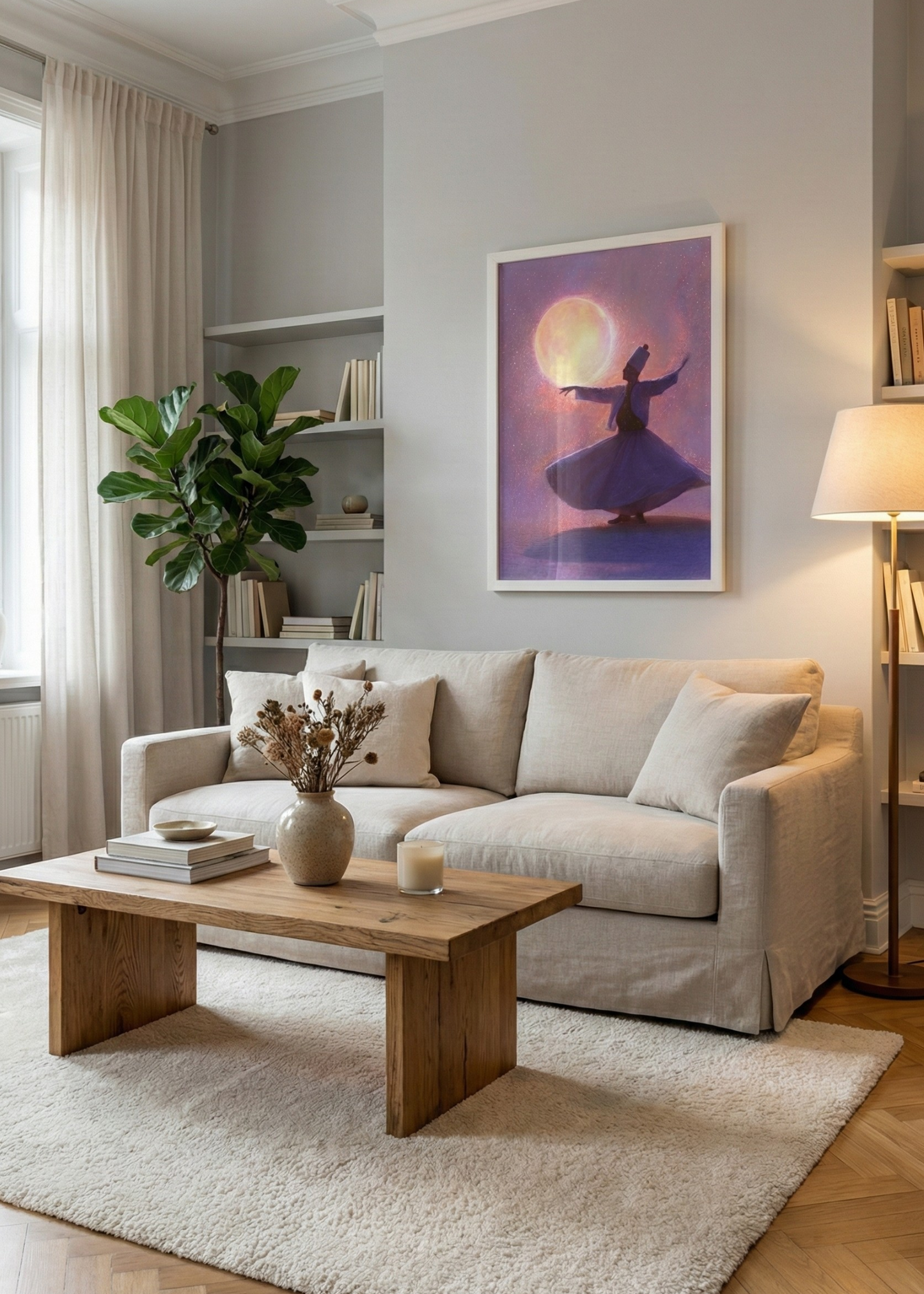 Yıldızlı Gökyüzünde Semazen Tasarım Beyaz Çerçeveli Tablo - Manevi Duvar Dekoru