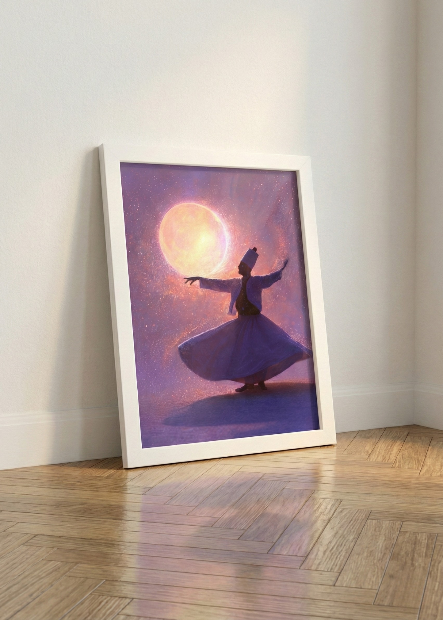 Yıldızlı Gökyüzünde Semazen Tasarım Beyaz Çerçeveli Tablo - Manevi Duvar Dekoru